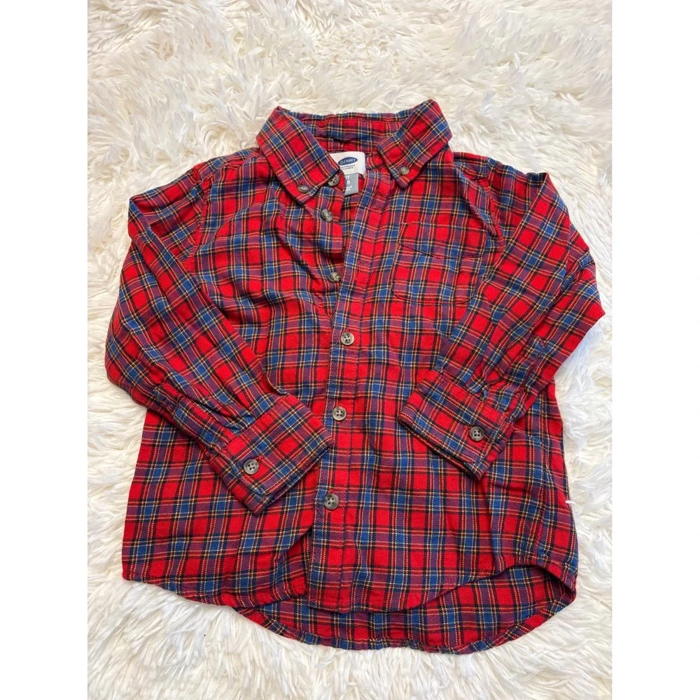 Old Navy Toddler Boys Red Blue Plaid Flannel Button Down Shirt 3T Long Sleeve